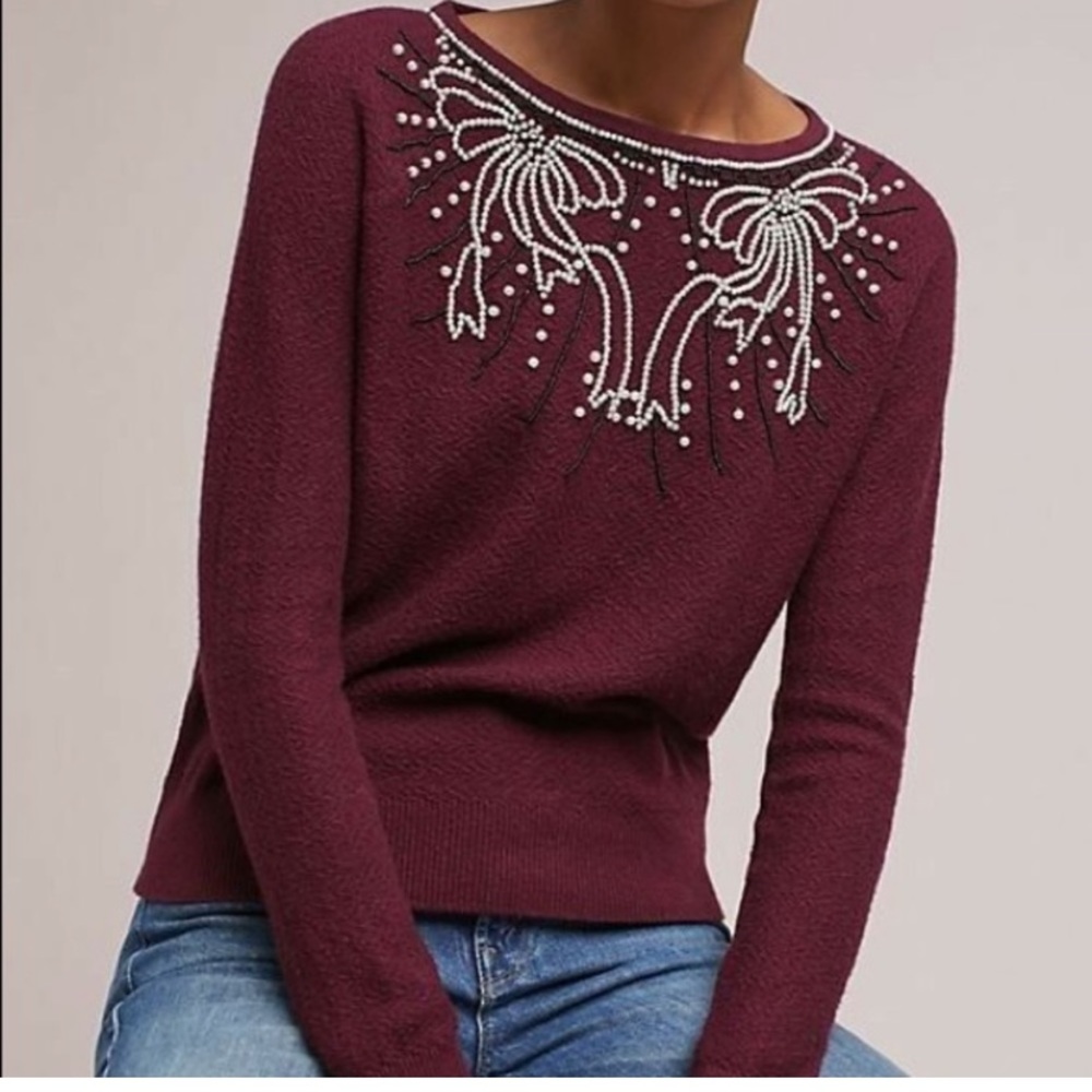 Anthropologie  Field Flower Pearled Bow Embellished Sweater Size-XS